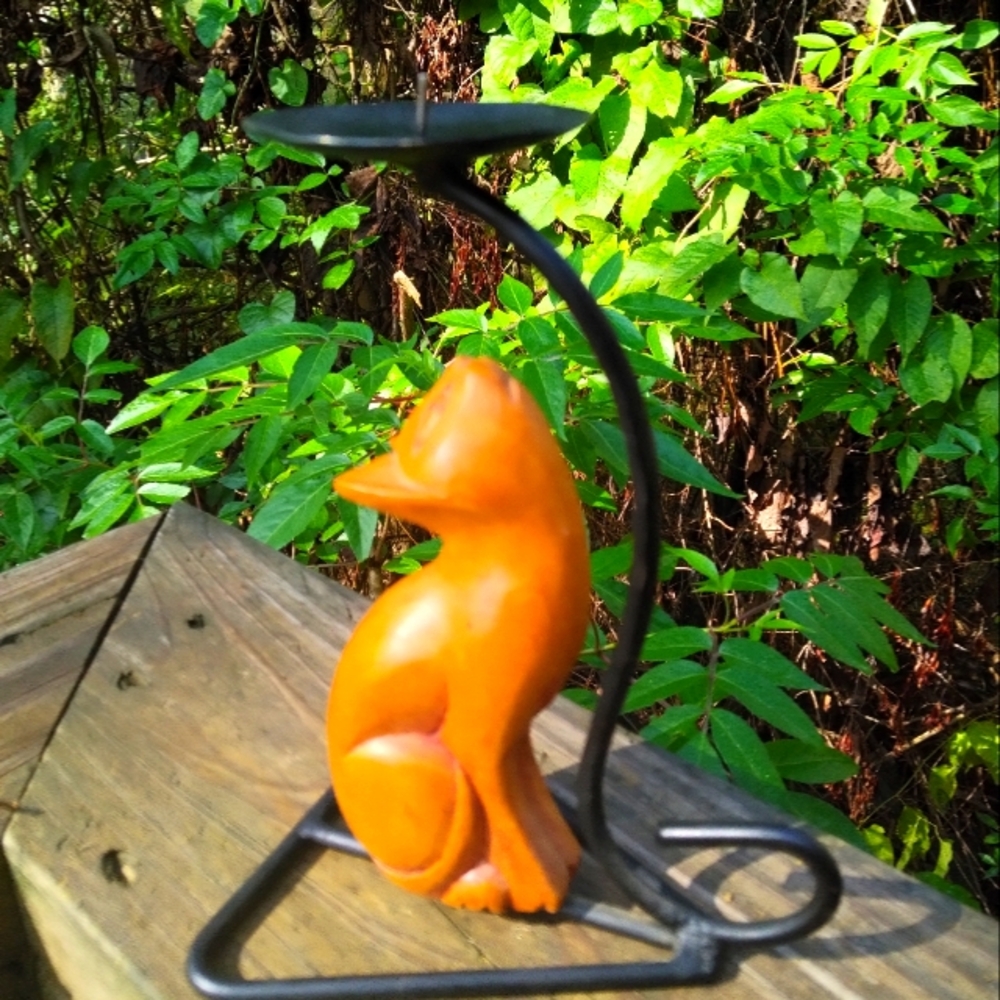 Vintage polished wooden Cat metal candleholder 7"